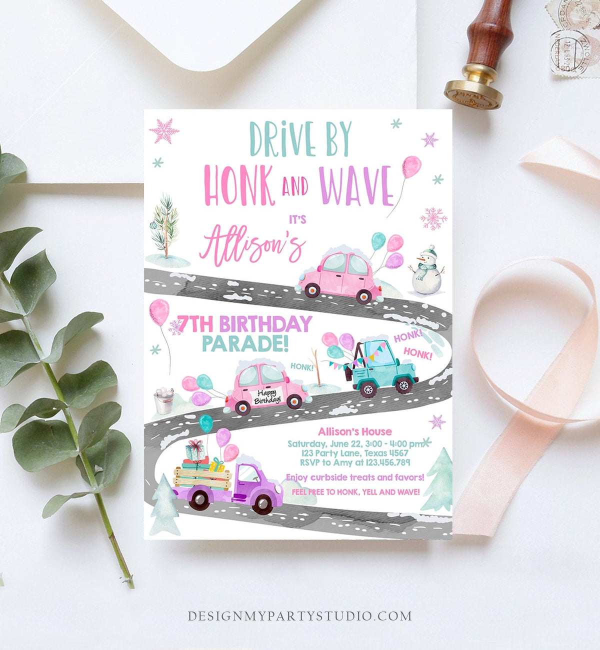 Editable Winter Drive By Birthday Invitation Parade Winter Onederland Virtual Party Invite Girl Pink Quarantine Download Digital Corjl 0333