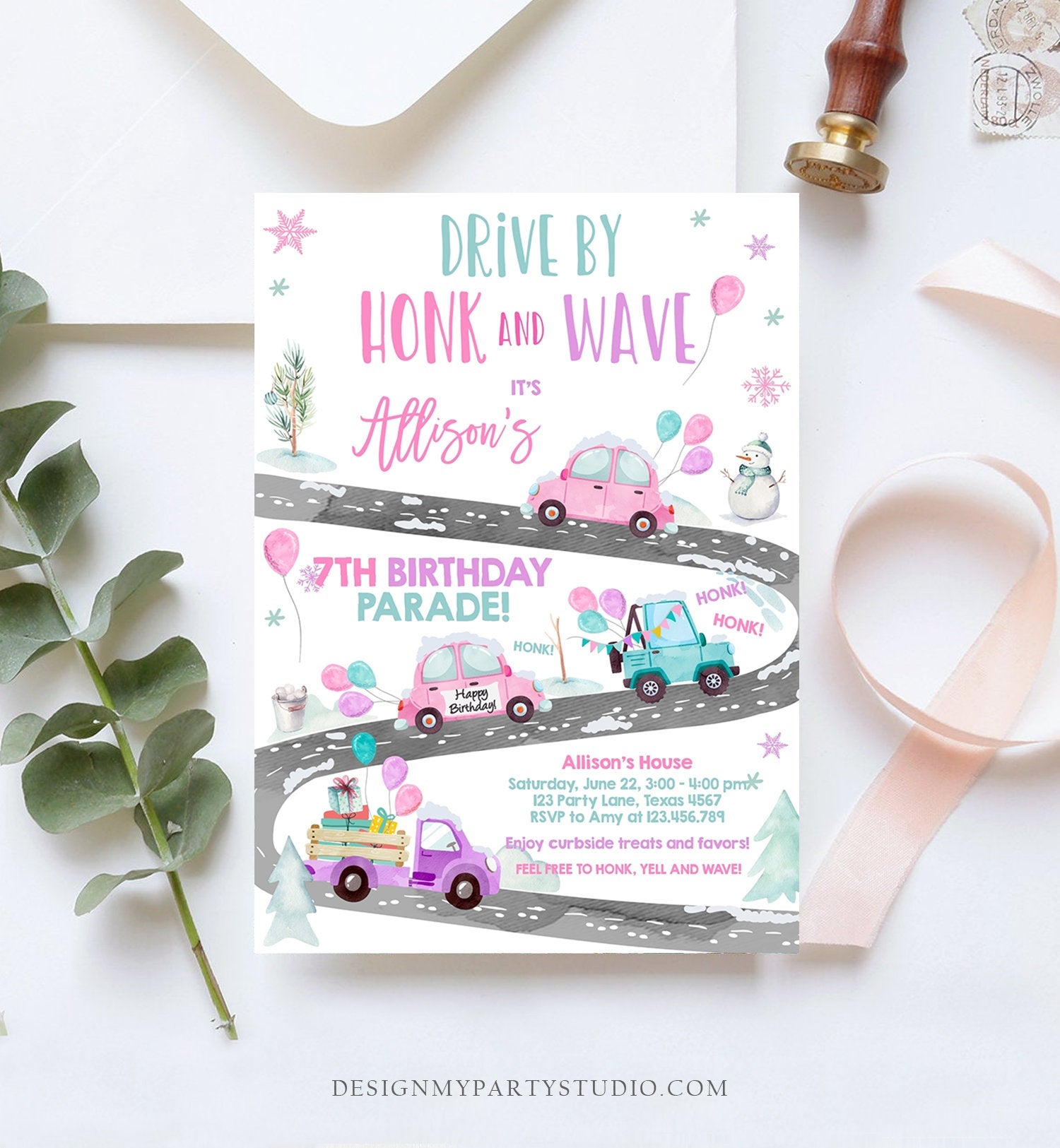 Editable Winter Drive By Birthday Invitation Parade Winter Onederland Virtual Party Invite Girl Pink Quarantine Download Digital Corjl 0333