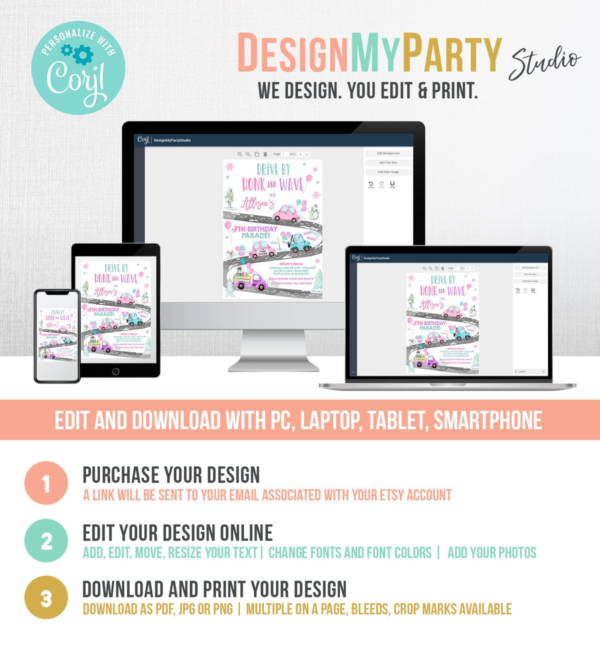 Editable Winter Drive By Birthday Invitation Parade Winter Onederland Virtual Party Invite Girl Pink Quarantine Download Digital Corjl 0333