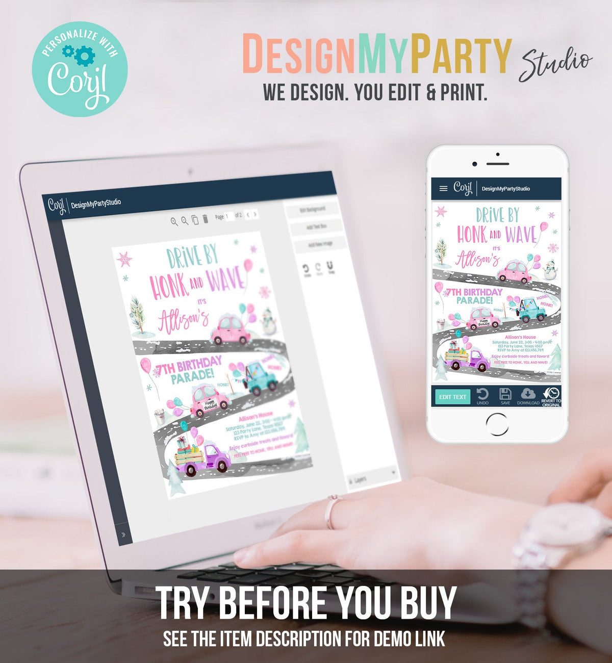 Editable Winter Drive By Birthday Invitation Parade Winter Onederland Virtual Party Invite Girl Pink Quarantine Download Digital Corjl 0333