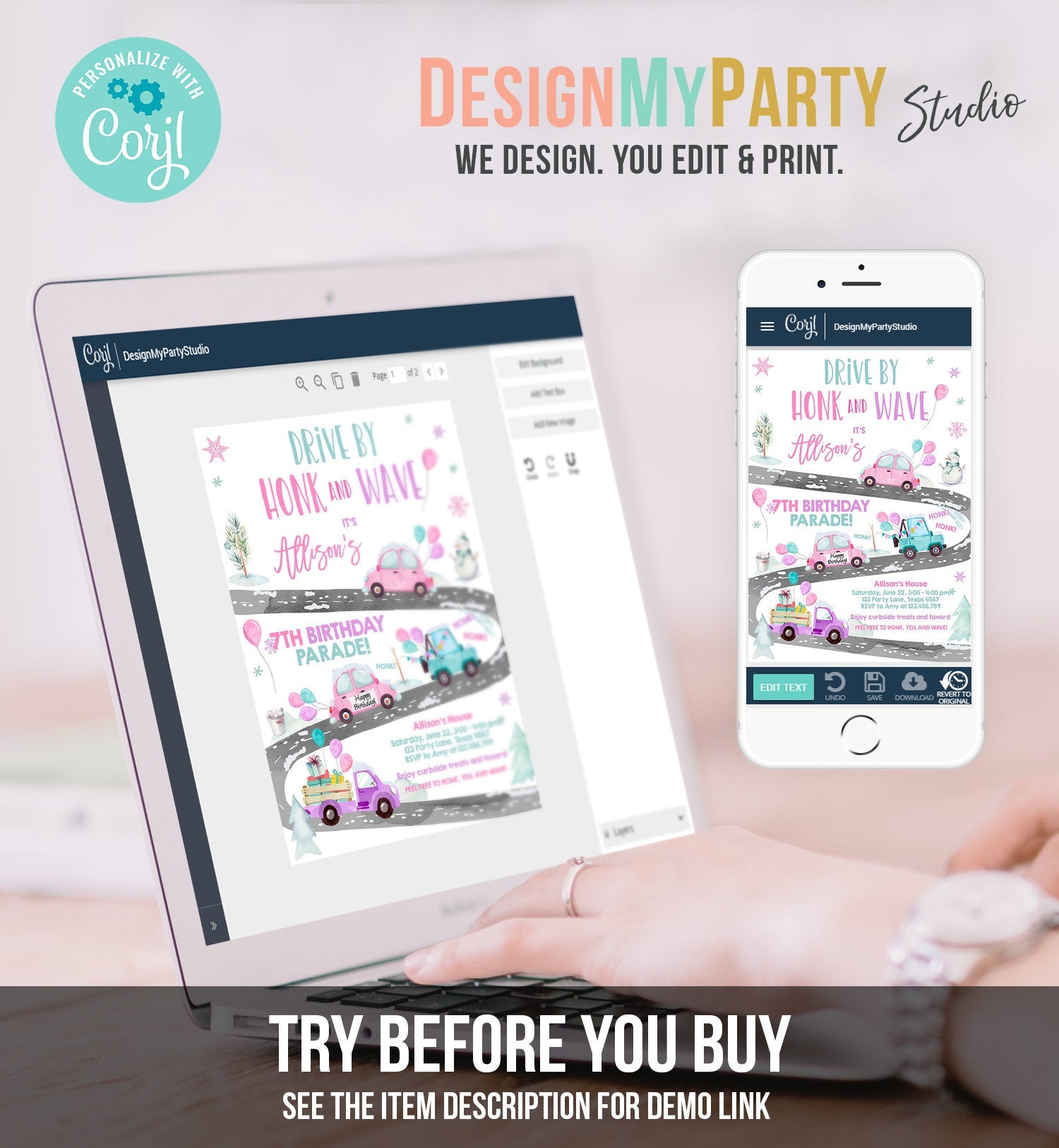 Editable Winter Drive By Birthday Invitation Parade Winter Onederland Virtual Party Invite Girl Pink Quarantine Download Digital Corjl 0333