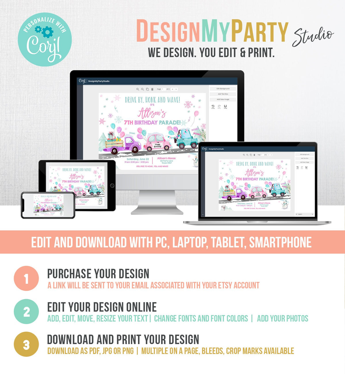 Editable Winter Drive By Birthday Invitation Parade Winter Onederland Virtual Party Invite Girl Pink Quarantine Download Digital Corjl 0333