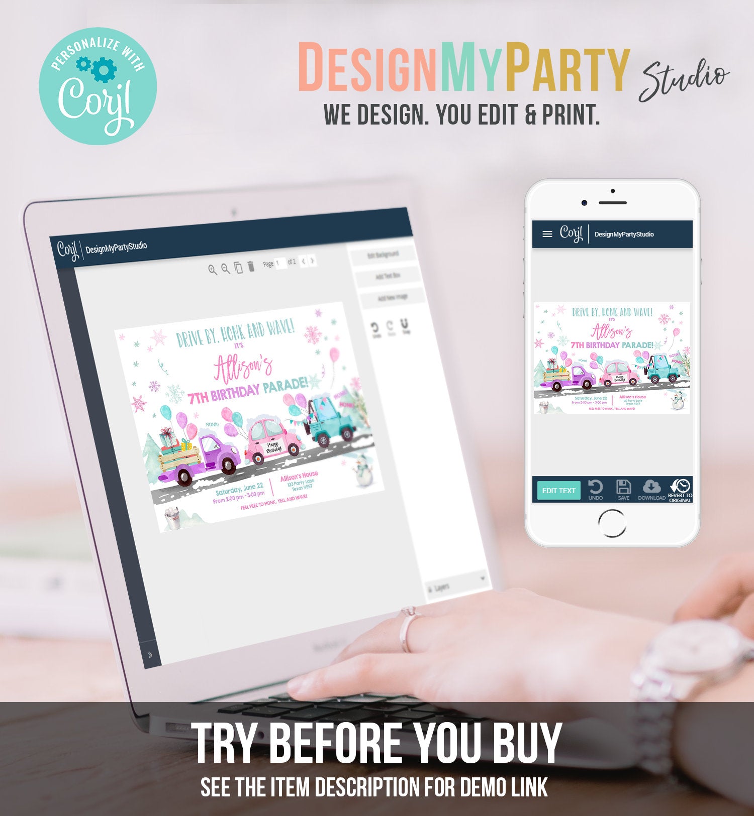 Editable Winter Drive By Birthday Invitation Parade Winter Onederland Virtual Party Invite Girl Pink Quarantine Download Digital Corjl 0333