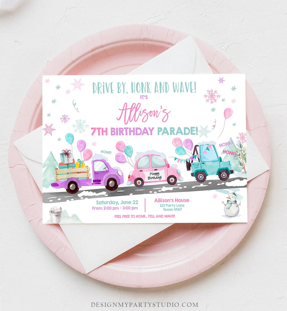 Editable Winter Drive By Birthday Invitation Parade Winter Onederland Virtual Party Invite Girl Pink Quarantine Download Digital Corjl 0333