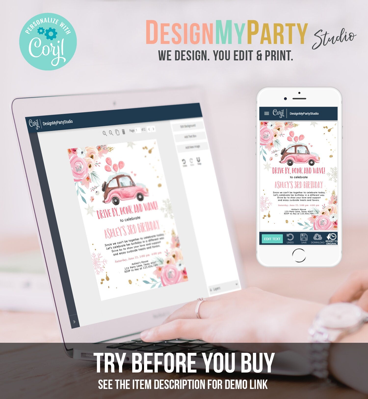 Editable Winter Drive By Birthday Parade Invitation Virtual Party Invite Snowflake Girl Pink Floral Quarantine Download Digital Corjl 0335