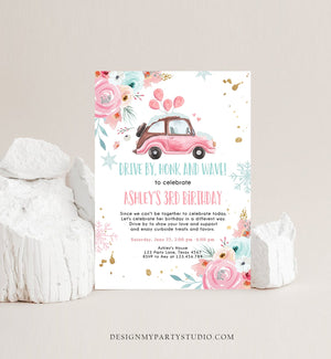 Editable Winter Drive By Birthday Parade Invitation Virtual Party Invite Snowflake Girl Pink Floral Quarantine Download Digital Corjl 0335