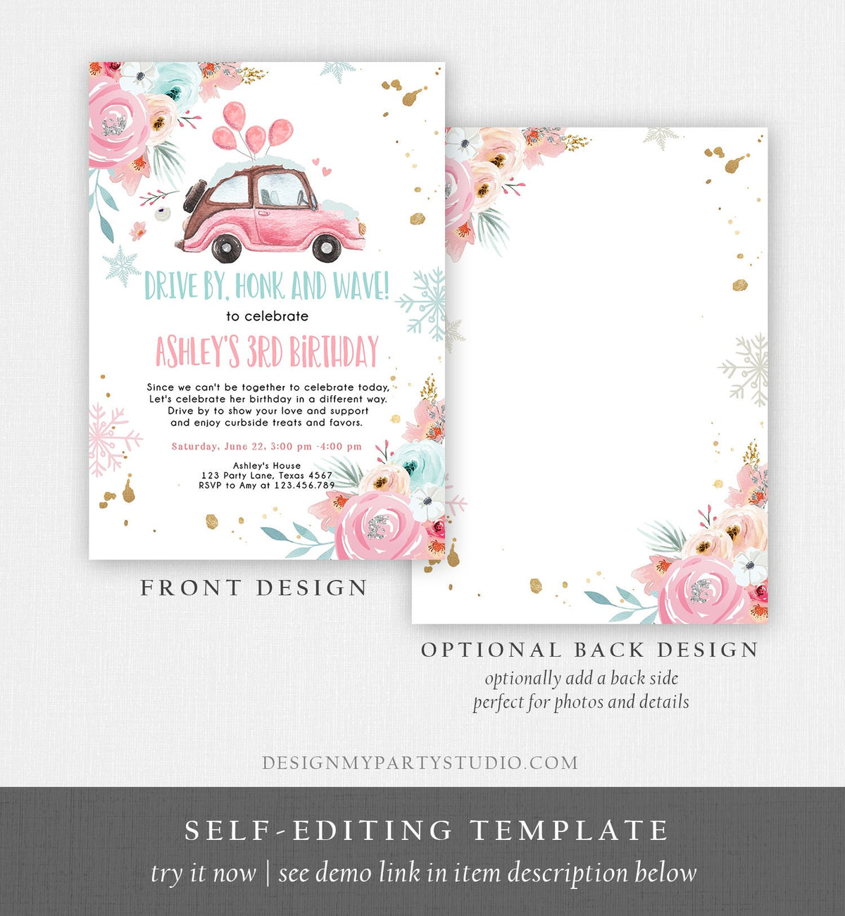 Editable Winter Drive By Birthday Parade Invitation Virtual Party Invite Snowflake Girl Pink Floral Quarantine Download Digital Corjl 0335