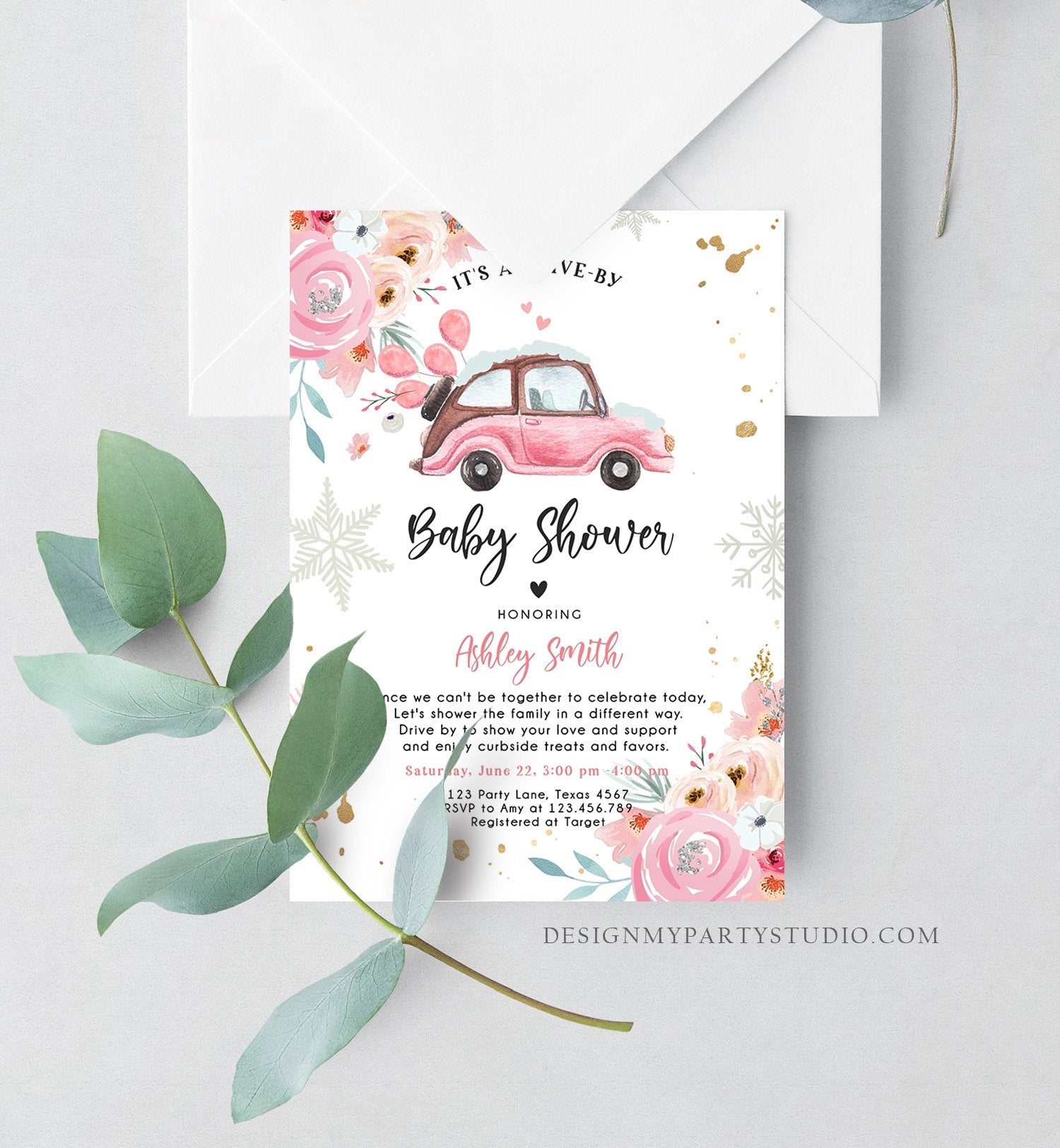Editable Winter Drive By Baby Shower Invitation Pink Girl Baby Shower Invite Quarantine Drive Through Floral Template Download Corjl 0335