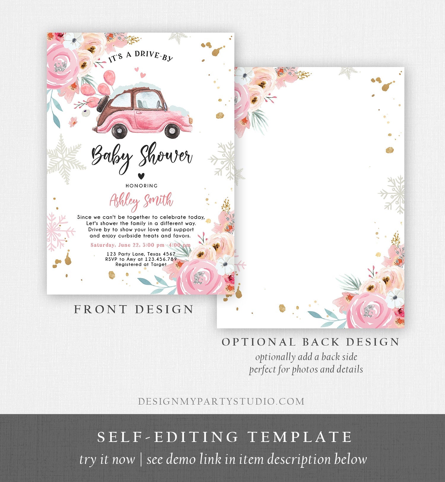 Editable Winter Drive By Baby Shower Invitation Pink Girl Baby Shower Invite Quarantine Drive Through Floral Template Download Corjl 0335