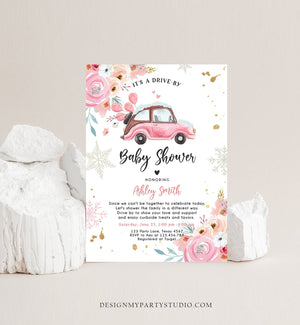 Editable Winter Drive By Baby Shower Invitation Pink Girl Baby Shower Invite Quarantine Drive Through Floral Template Download Corjl 0335