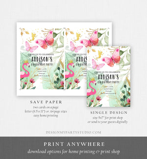 Editable Butterfly Birthday Invitation Flamingo Invitation Garden Floral Flowers Pink Gold Girl Fairy Download Printable Template Corjl 0170