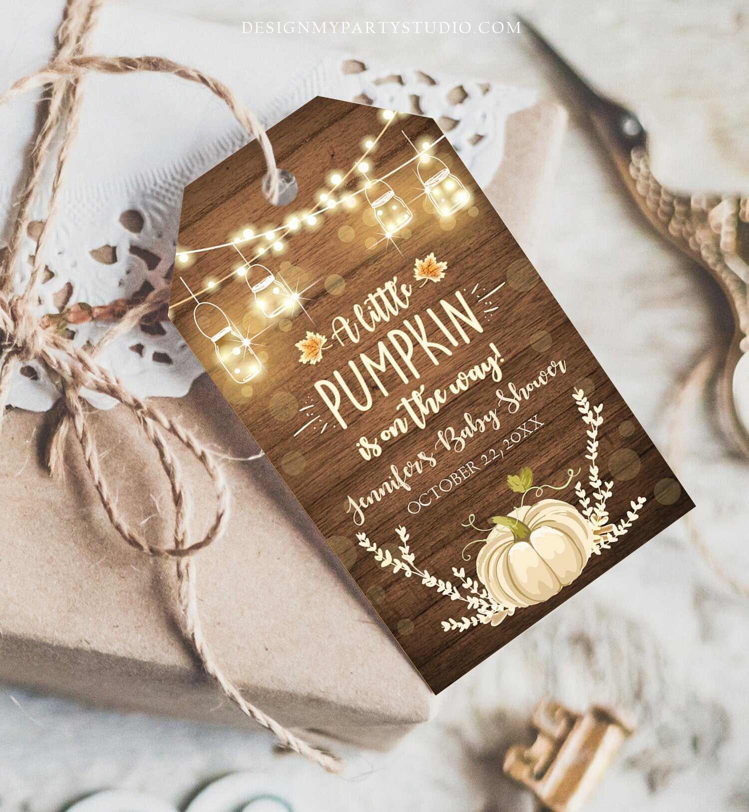 Editable Little Pumpkin Favor Tag Thank You Tag Birthday Baby Shower Rustic Wood Fall White Pumpkin Download Corjl Template Printable 0015