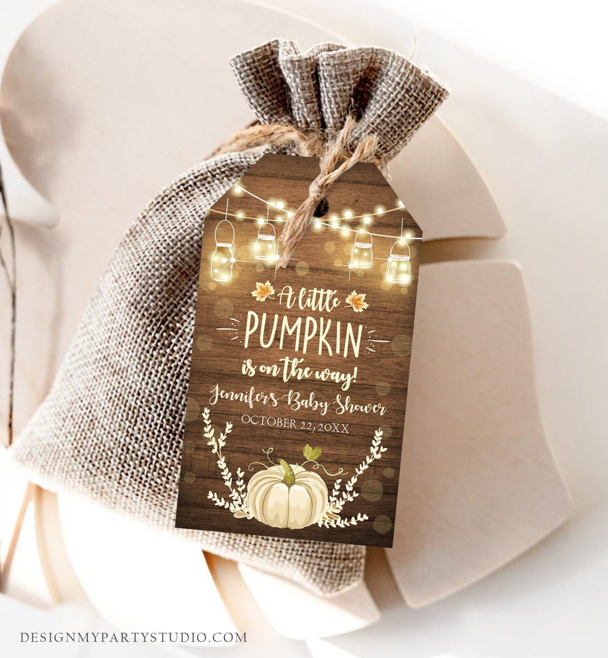 Editable Little Pumpkin Favor Tag Thank You Tag Birthday Baby Shower Rustic Wood Fall White Pumpkin Download Corjl Template Printable 0015