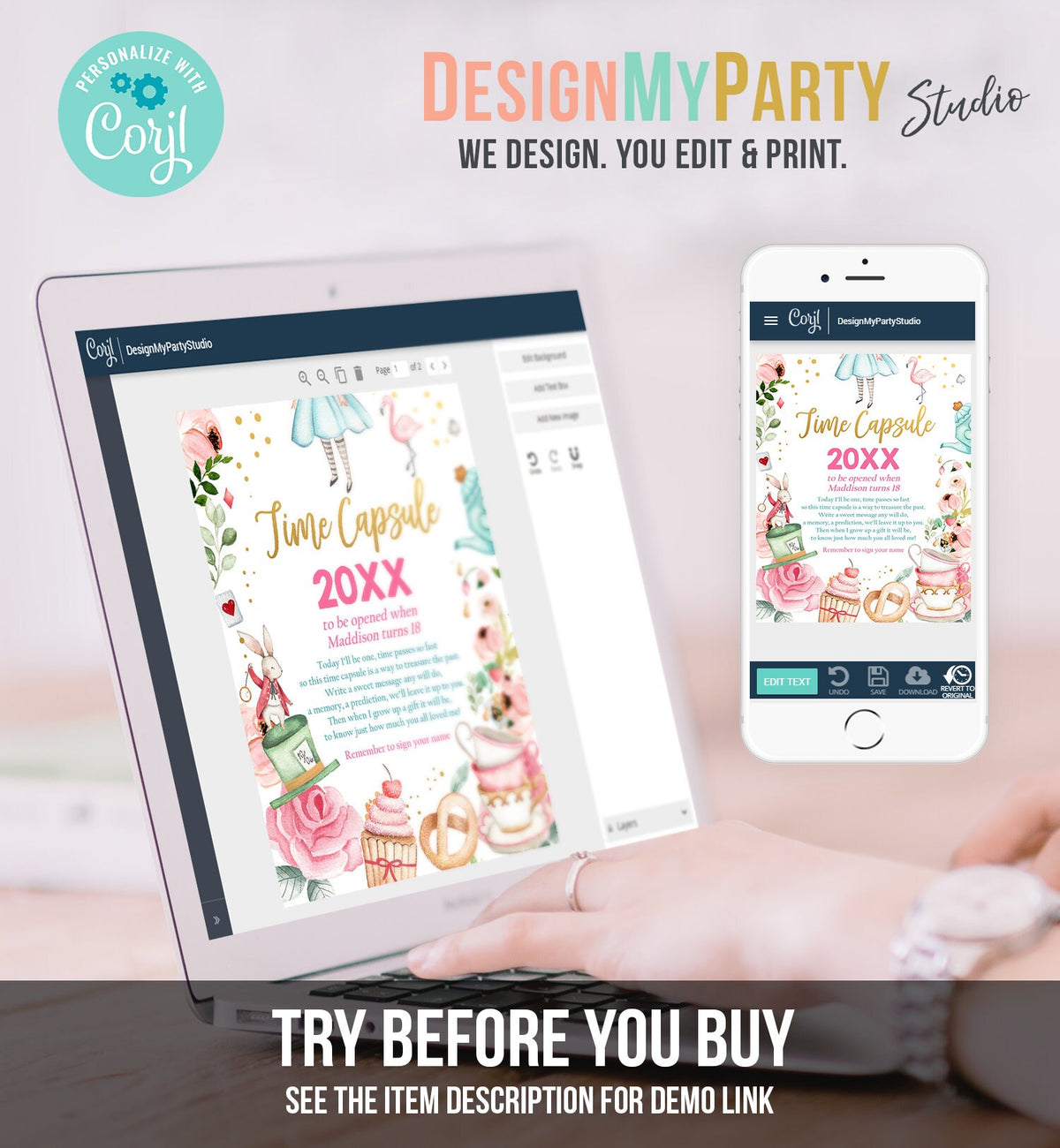 Editable Alice in Onederland Time Capsule First Birthday Party Game Wonderland Tea Party Guestbook Download Corjl Template Printable 0350