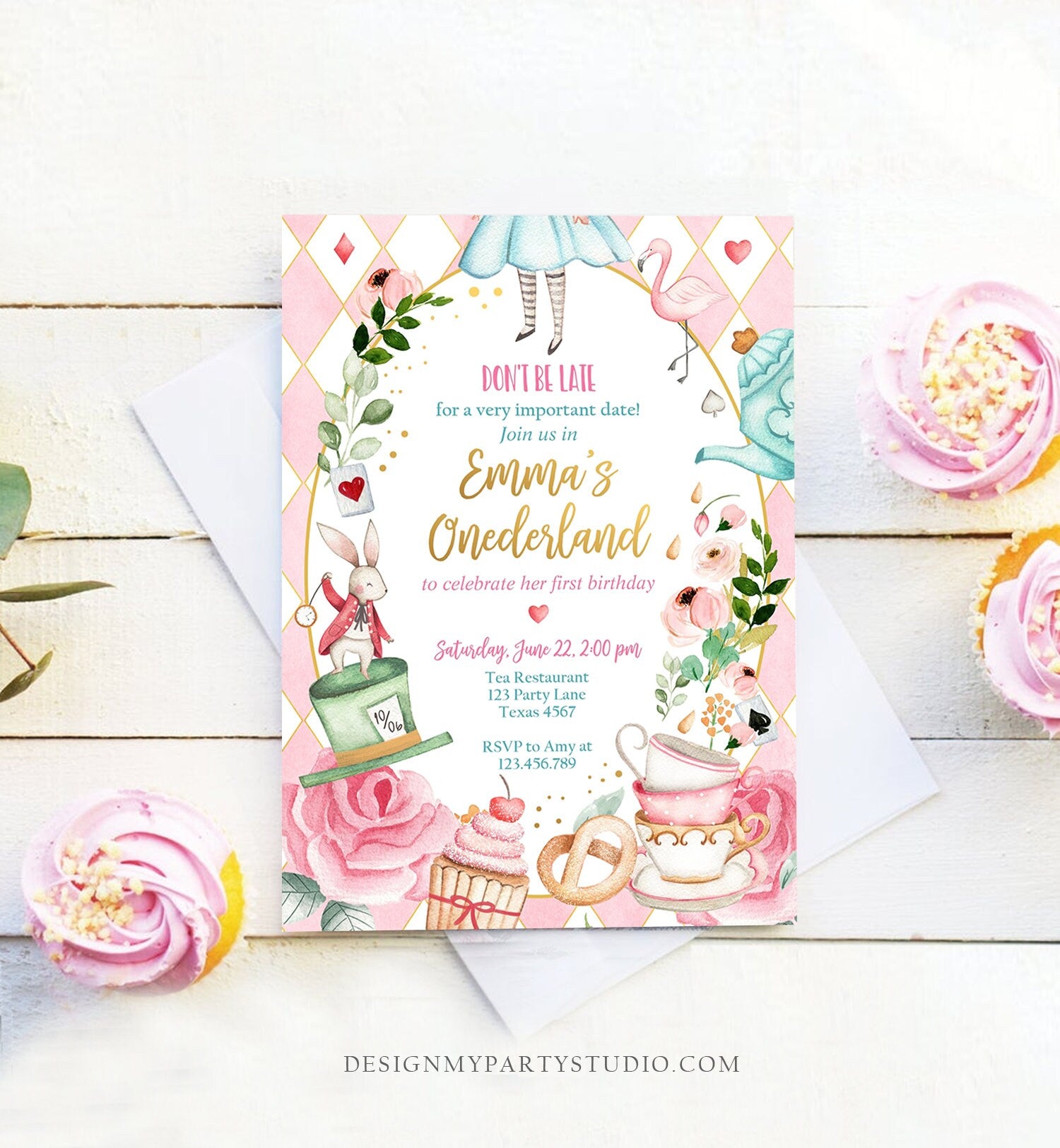 Editable Alice In Wonderland Birthday Invitation Girl First Birthday 1st Onederland Tea Party Pink Printable Template Corjl Digital 0350