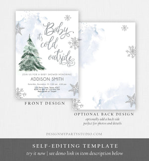 Editable Baby Its Cold Outside Baby Shower Invitation Winter Baby Shower Gender Neutral Snow Watercolor Tree Template Download Corjl 0363