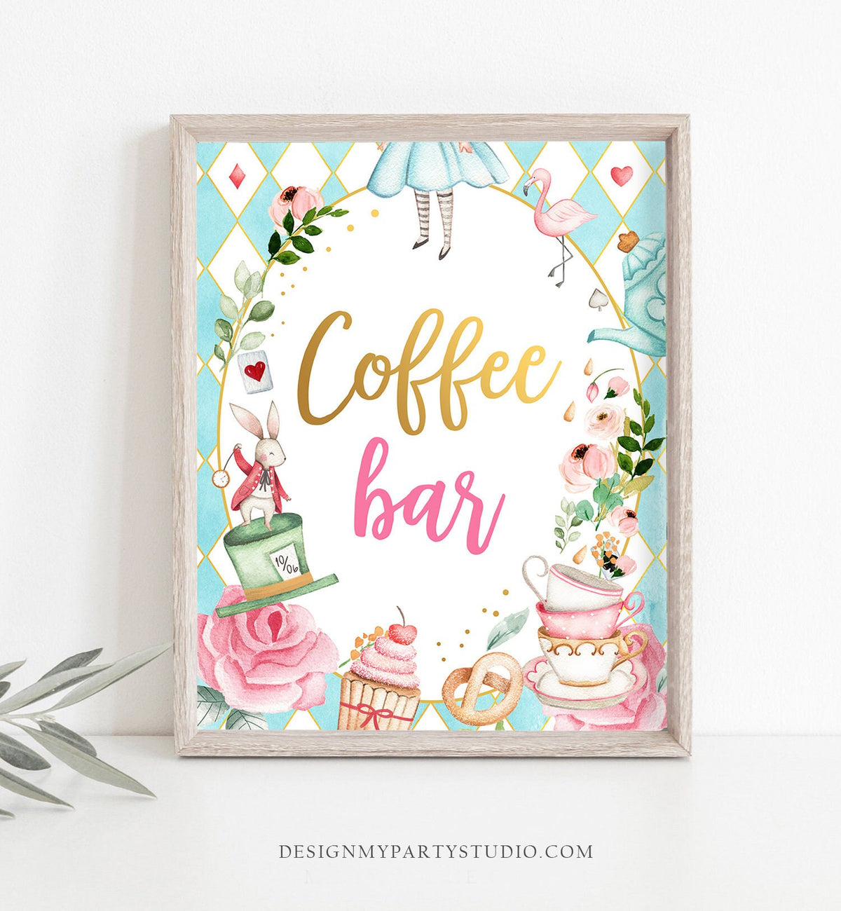 Coffee Bar Sign Alice in Wonderland Party Decor Onederland Birthday Girl Table Sign Hot Drink Station Digital Download PRINTABLE 0350