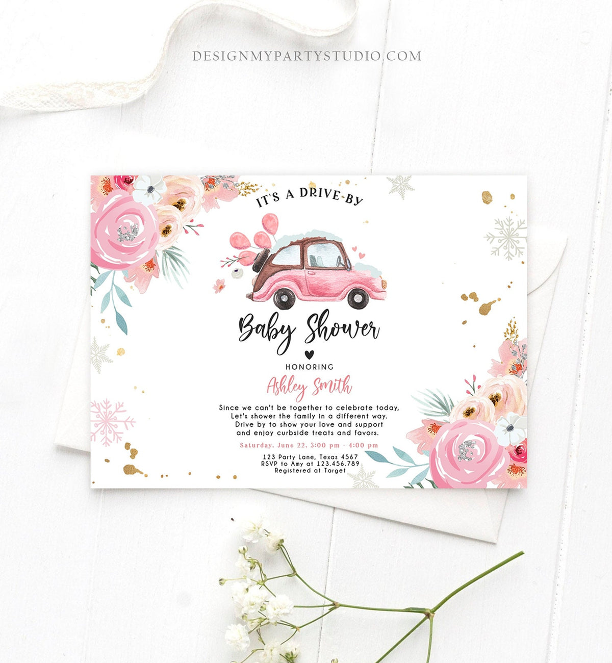 Editable Winter Drive By Baby Shower Invitation Pink Girl Baby Shower Invite Quarantine Drive Through Floral Template Download Corjl 0335