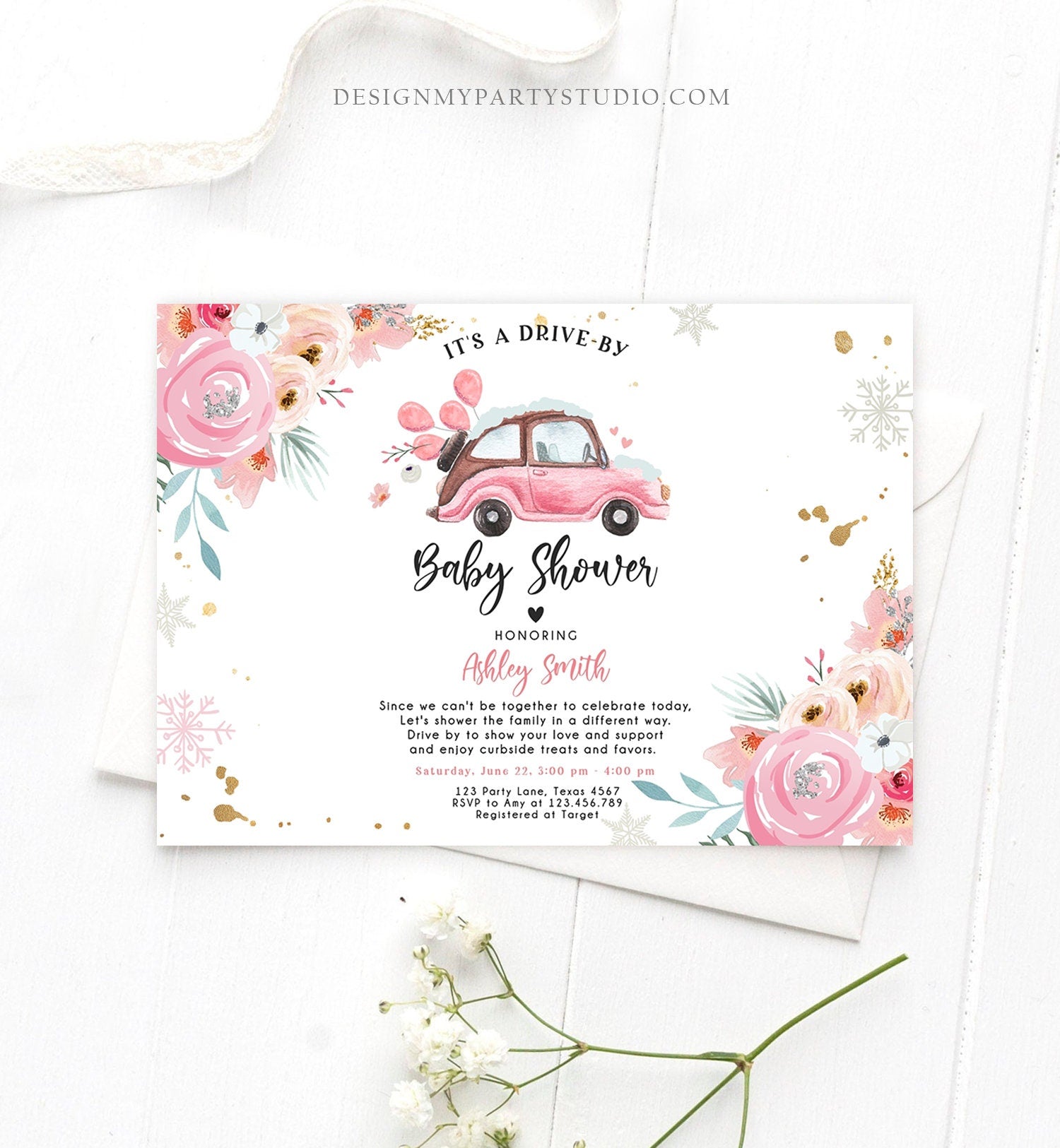 Editable Winter Drive By Baby Shower Invitation Pink Girl Baby Shower Invite Quarantine Drive Through Floral Template Download Corjl 0335
