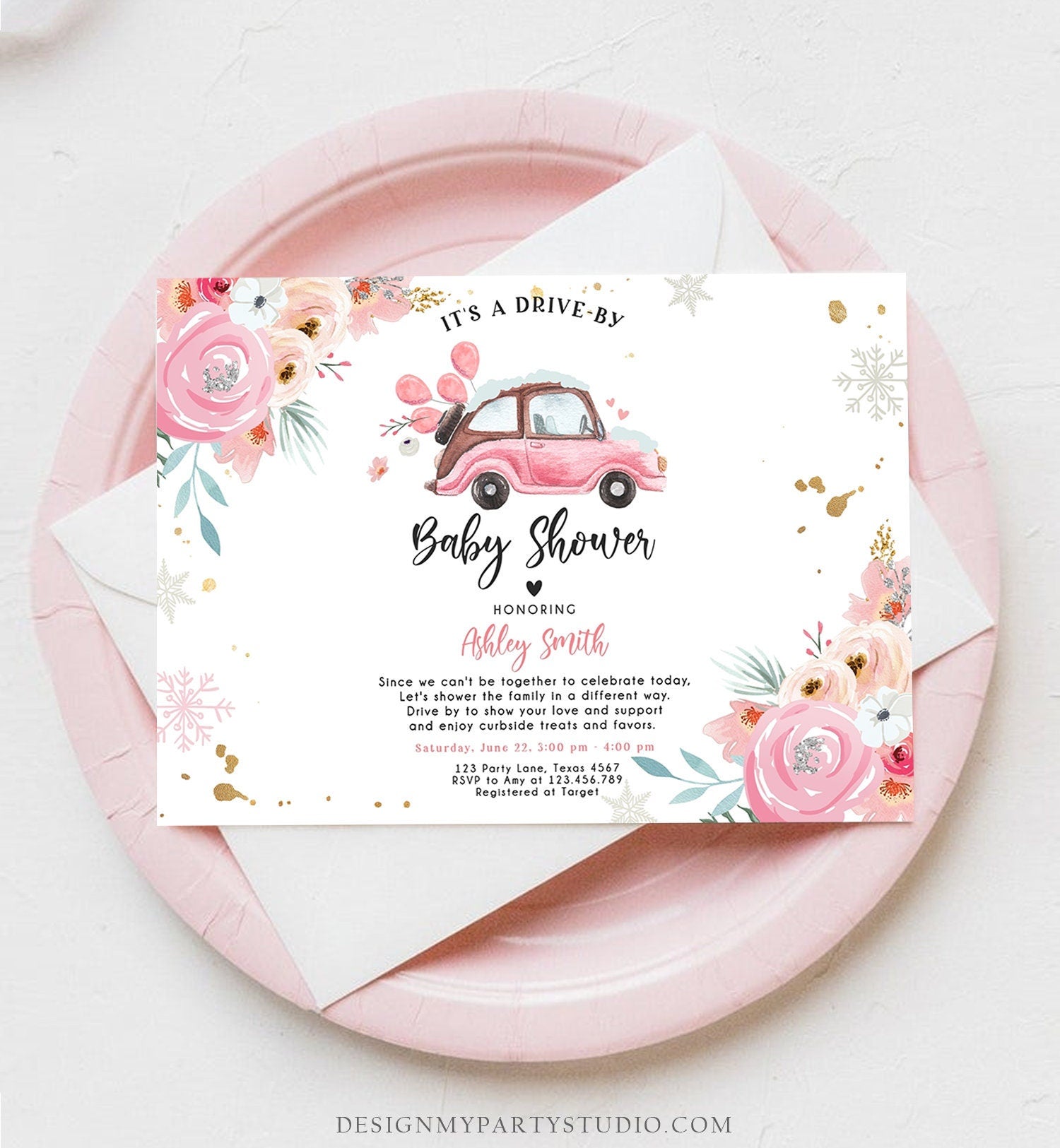 Editable Winter Drive By Baby Shower Invitation Pink Girl Baby Shower Invite Quarantine Drive Through Floral Template Download Corjl 0335