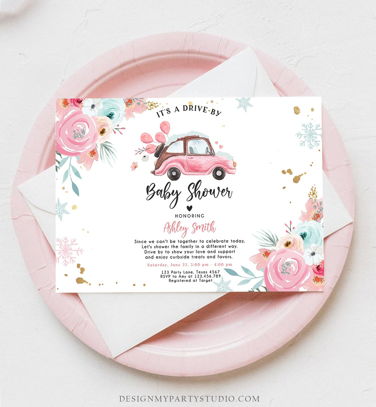 Editable Winter Drive By Baby Shower Invitation Pink Girl Baby Shower Invite Quarantine Drive Through Floral Template Download Corjl 0335