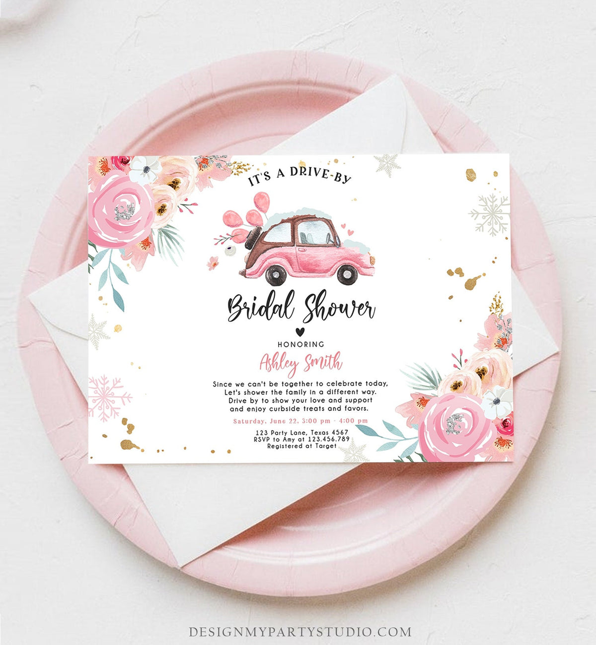 Editable Winter Drive By Bridal Shower Invitation Pink Wedding Shower Invite Quarantine Drive Through Floral Template Download Corjl 0335