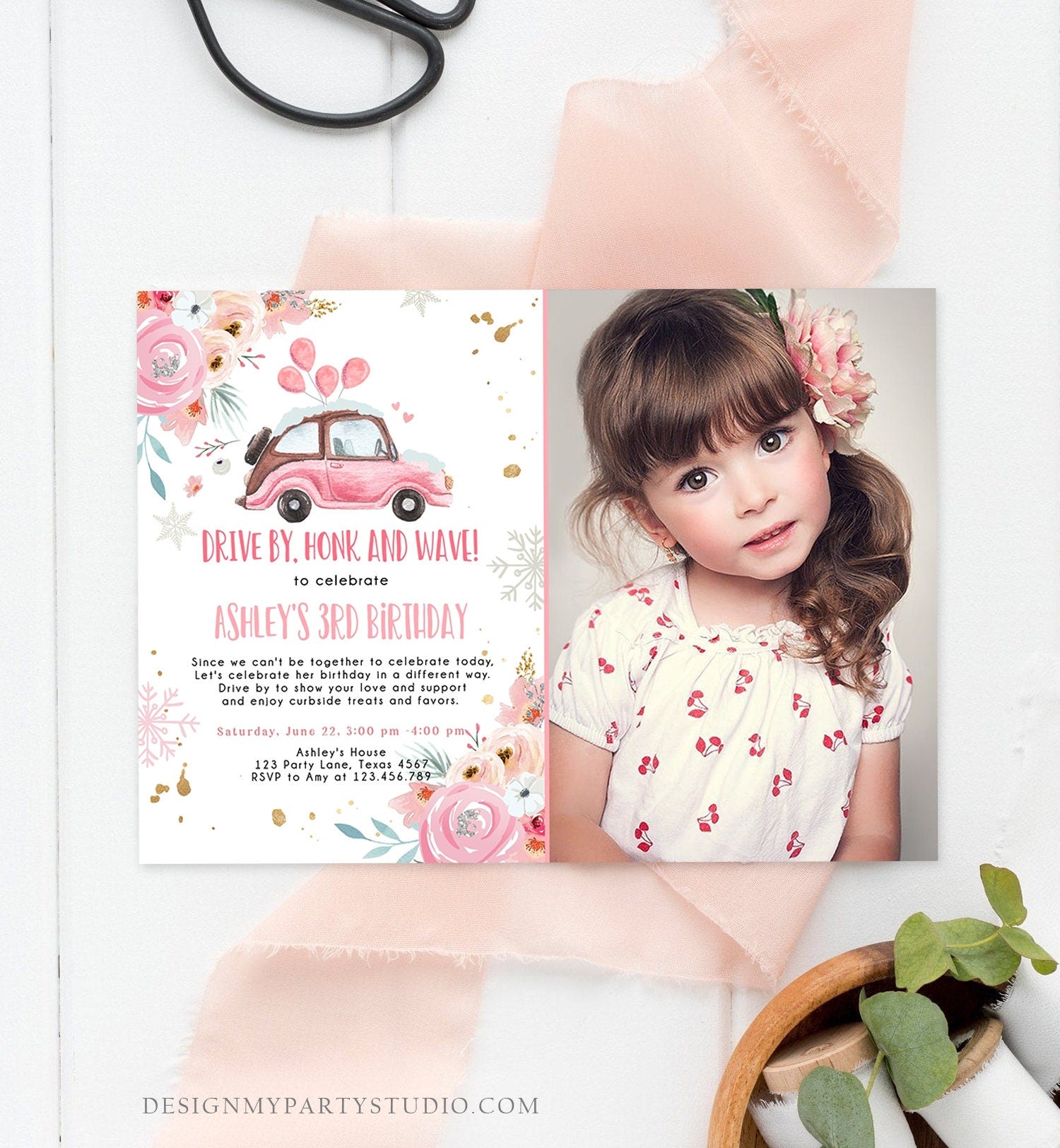 Editable Winter Drive By Birthday Parade Invitation Virtual Party Invite Snowflake Girl Pink Floral Quarantine Download Digital Corjl 0335