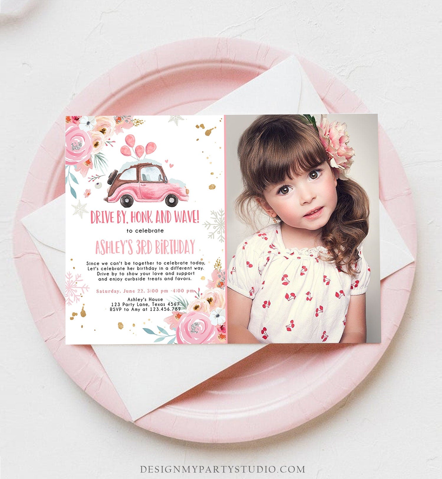 Editable Winter Drive By Birthday Parade Invitation Virtual Party Invite Snowflake Girl Pink Floral Quarantine Download Digital Corjl 0335