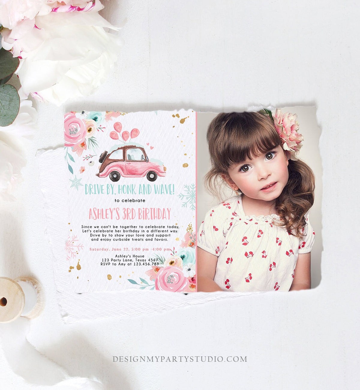 Editable Winter Drive By Birthday Parade Invitation Virtual Party Invite Snowflake Girl Pink Floral Quarantine Download Digital Corjl 0335