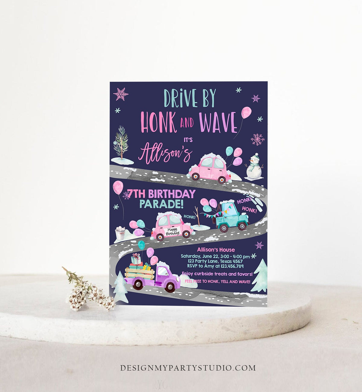 Editable Winter Drive By Birthday Invitation Parade Winter Onederland Virtual Party Invite Girl Pink Quarantine Download Digital Corjl 0333