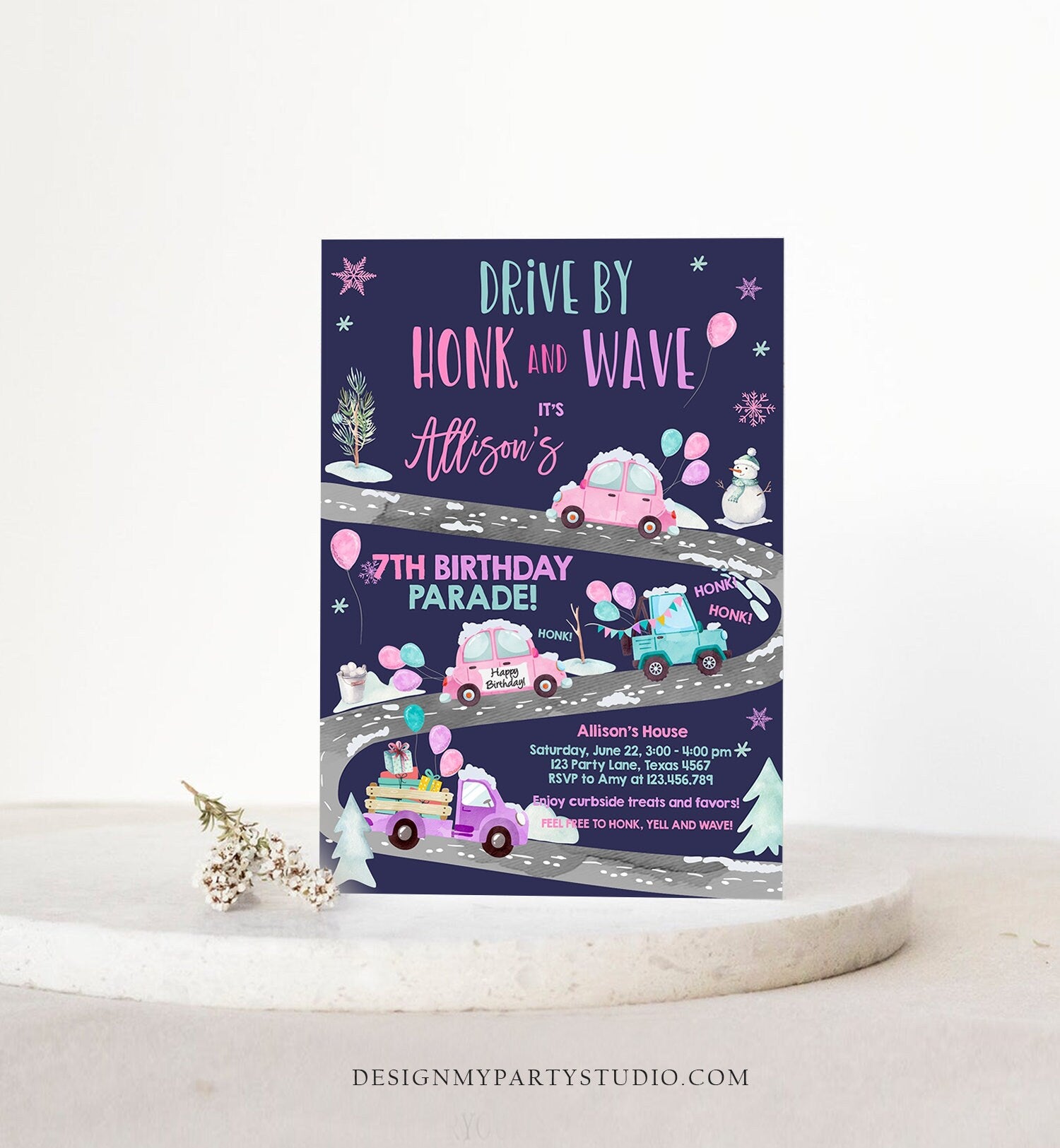 Editable Winter Drive By Birthday Invitation Parade Winter Onederland Virtual Party Invite Girl Pink Quarantine Download Digital Corjl 0333