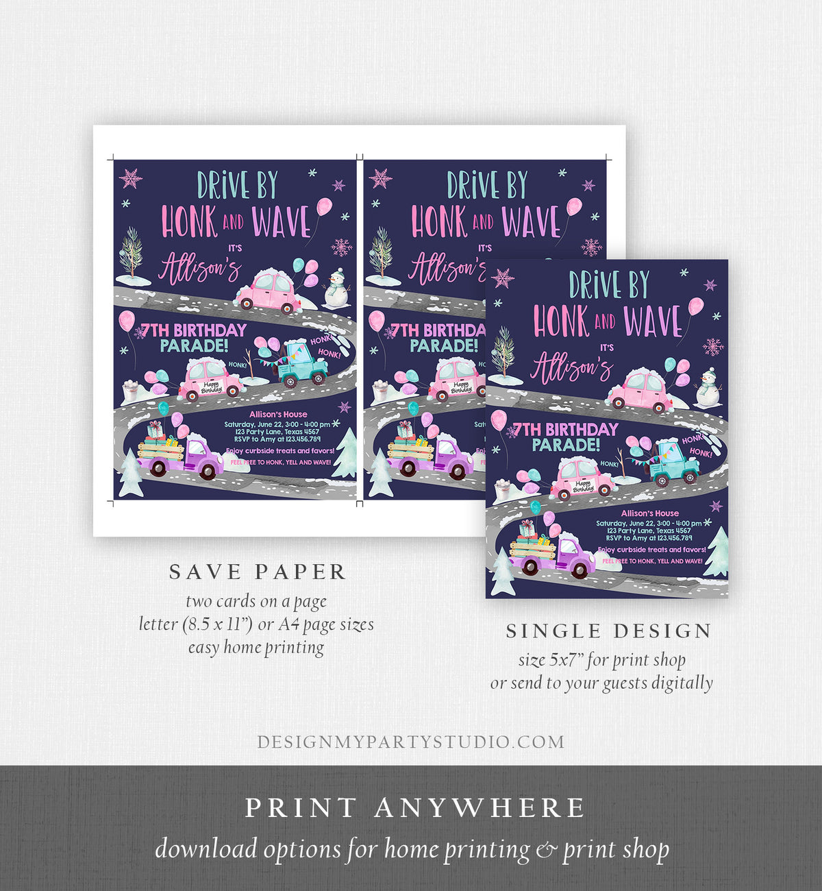 Editable Winter Drive By Birthday Invitation Parade Winter Onederland Virtual Party Invite Girl Pink Quarantine Download Digital Corjl 0333
