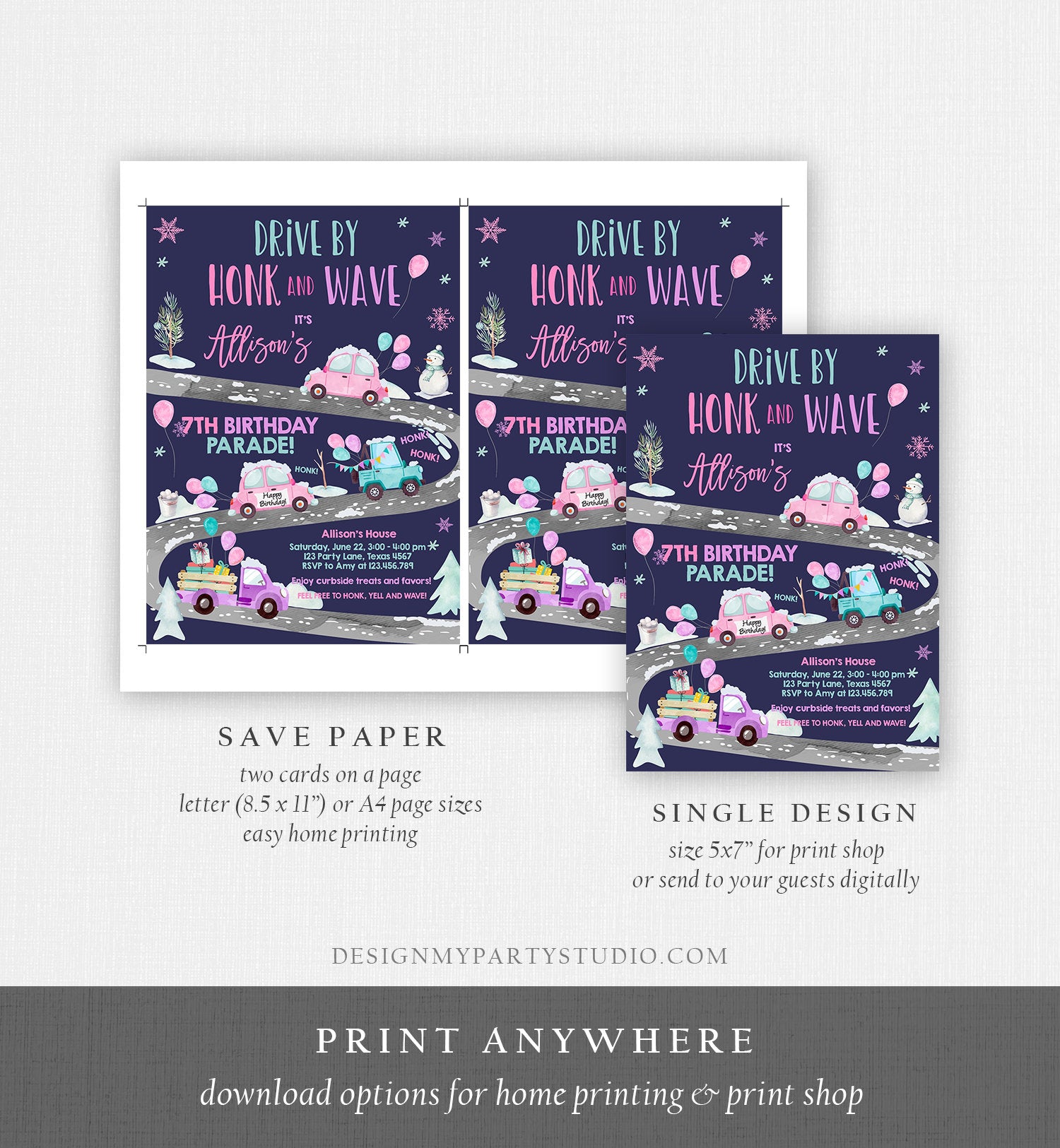 Editable Winter Drive By Birthday Invitation Parade Winter Onederland Virtual Party Invite Girl Pink Quarantine Download Digital Corjl 0333