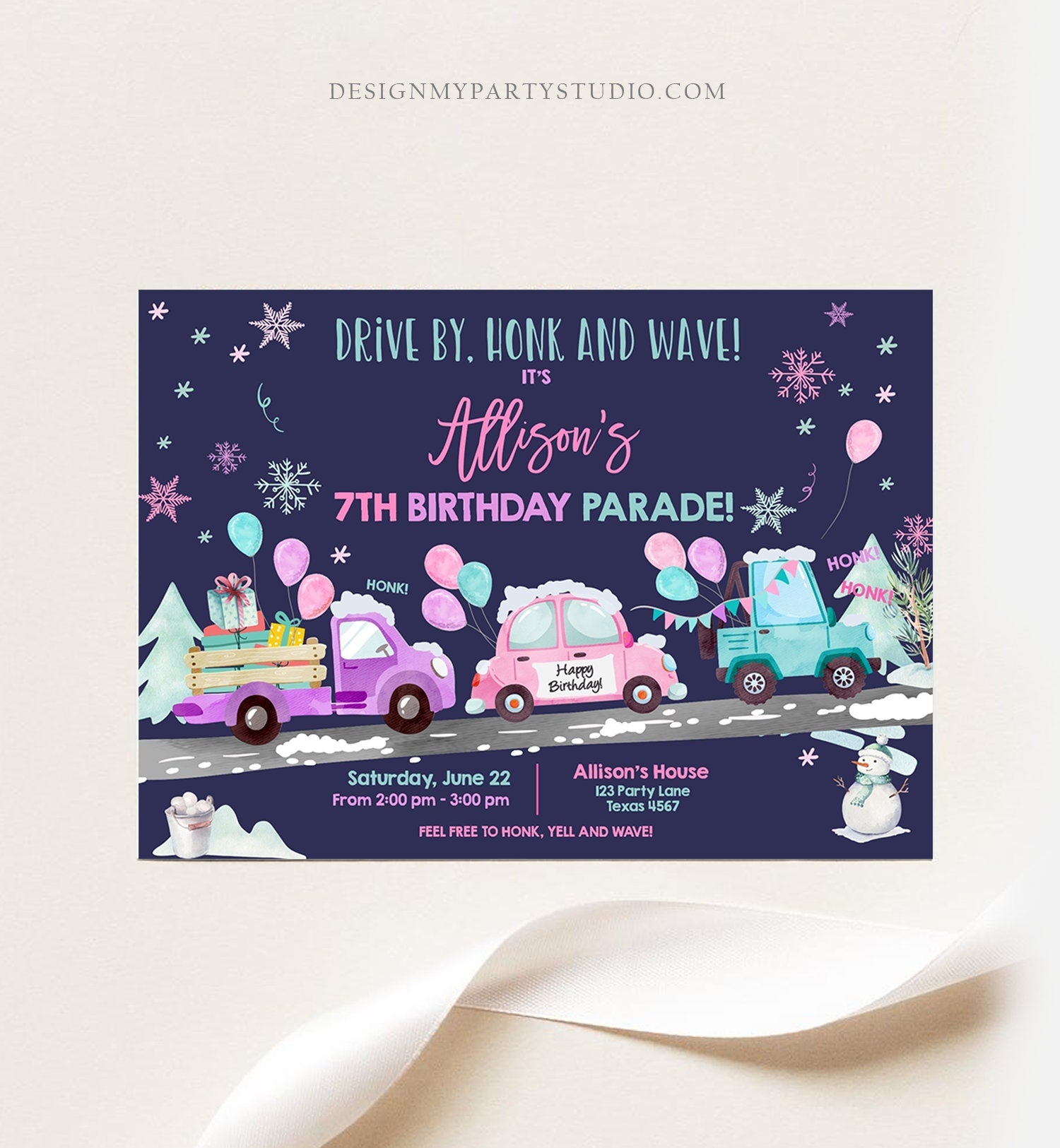 Editable Winter Drive By Birthday Invitation Parade Winter Onederland Virtual Party Invite Girl Pink Quarantine Download Digital Corjl 0333