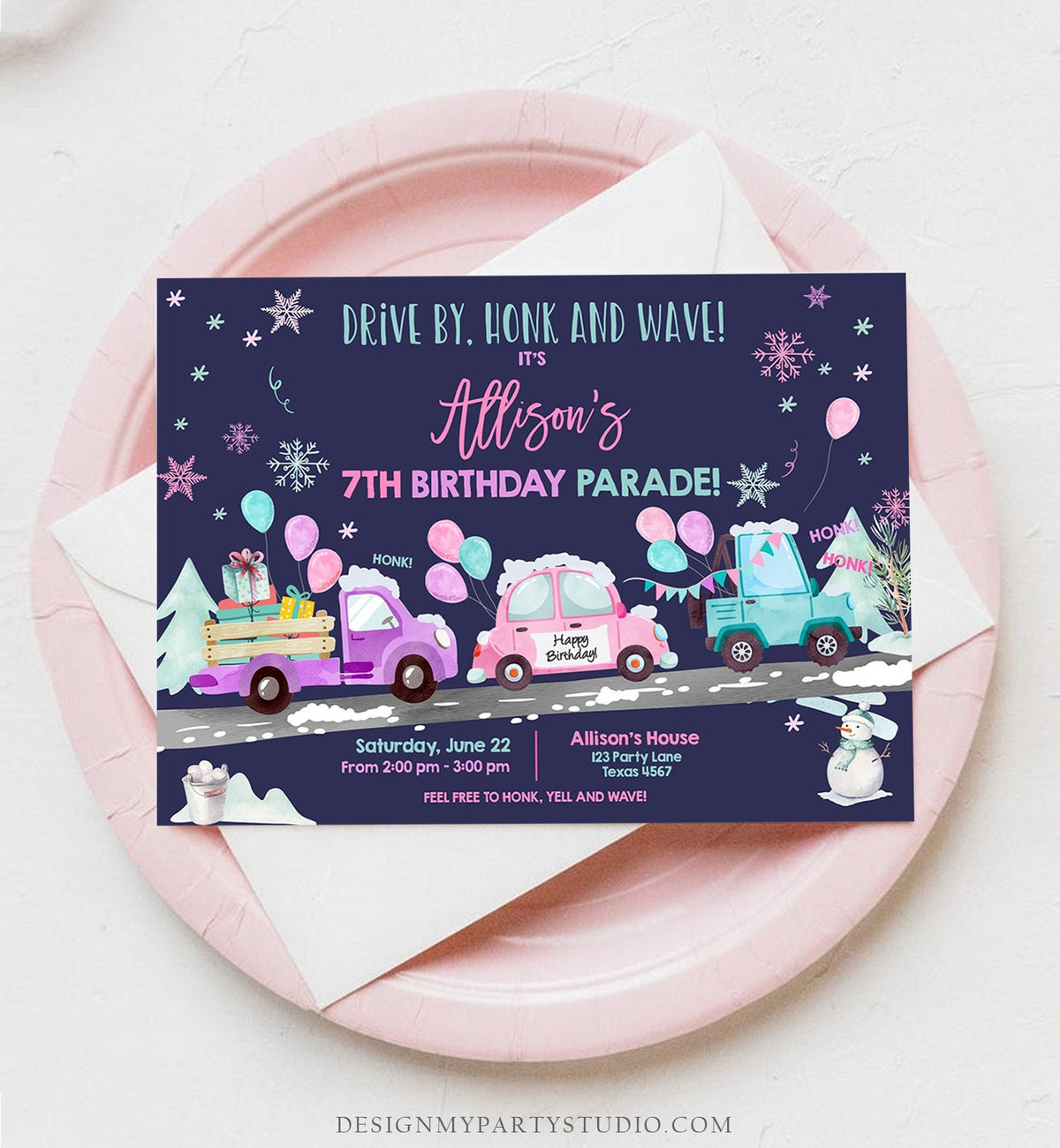 Editable Winter Drive By Birthday Invitation Parade Winter Onederland Virtual Party Invite Girl Pink Quarantine Download Digital Corjl 0333