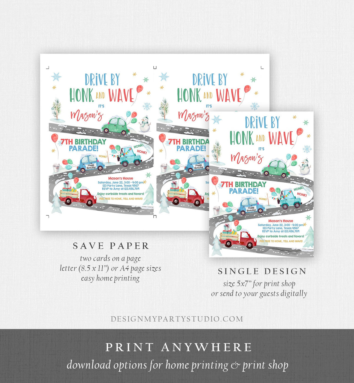 Editable Winter Drive By Birthday Invitation Parade Winter Onederland Virtual Party Invite Boy Blue Green Red Quarantine Download Corjl 0333