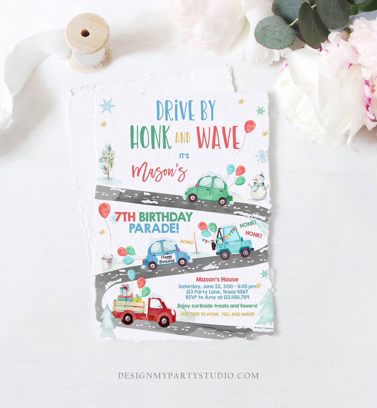 Editable Winter Drive By Birthday Invitation Parade Winter Onederland Virtual Party Invite Boy Blue Green Red Quarantine Download Corjl 0333