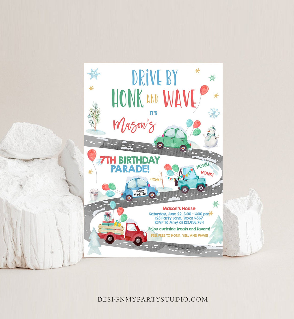 Editable Winter Drive By Birthday Invitation Parade Winter Onederland Virtual Party Invite Boy Blue Green Red Quarantine Download Corjl 0333