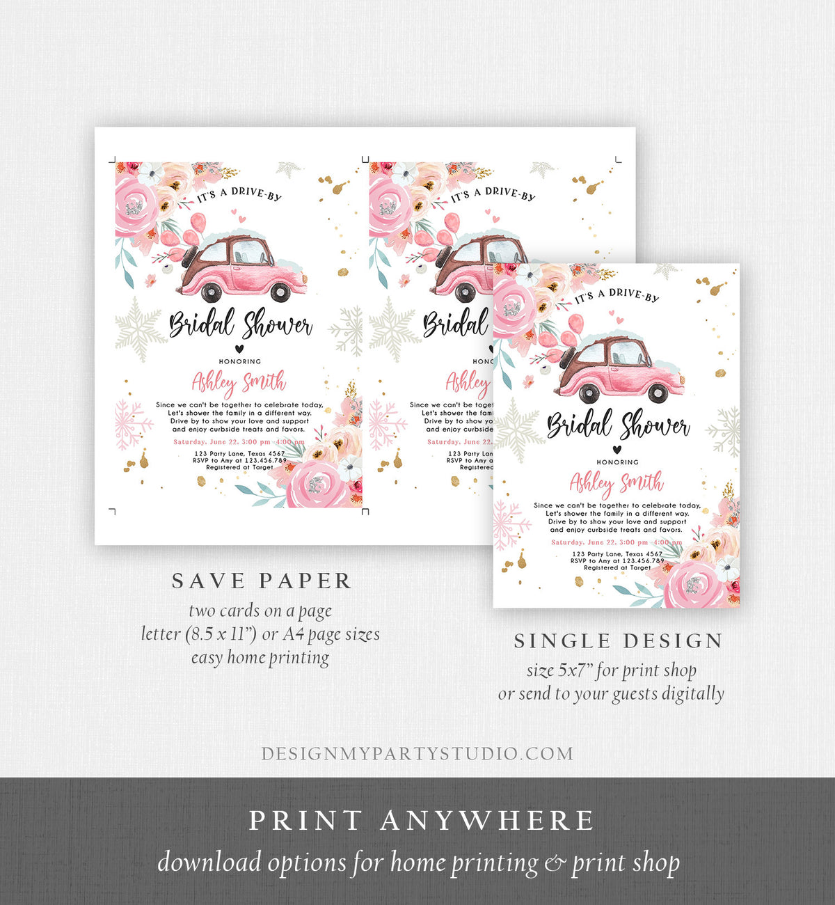 Editable Winter Drive By Bridal Shower Invitation Pink Wedding Shower Invite Quarantine Drive Through Floral Template Download Corjl 0335