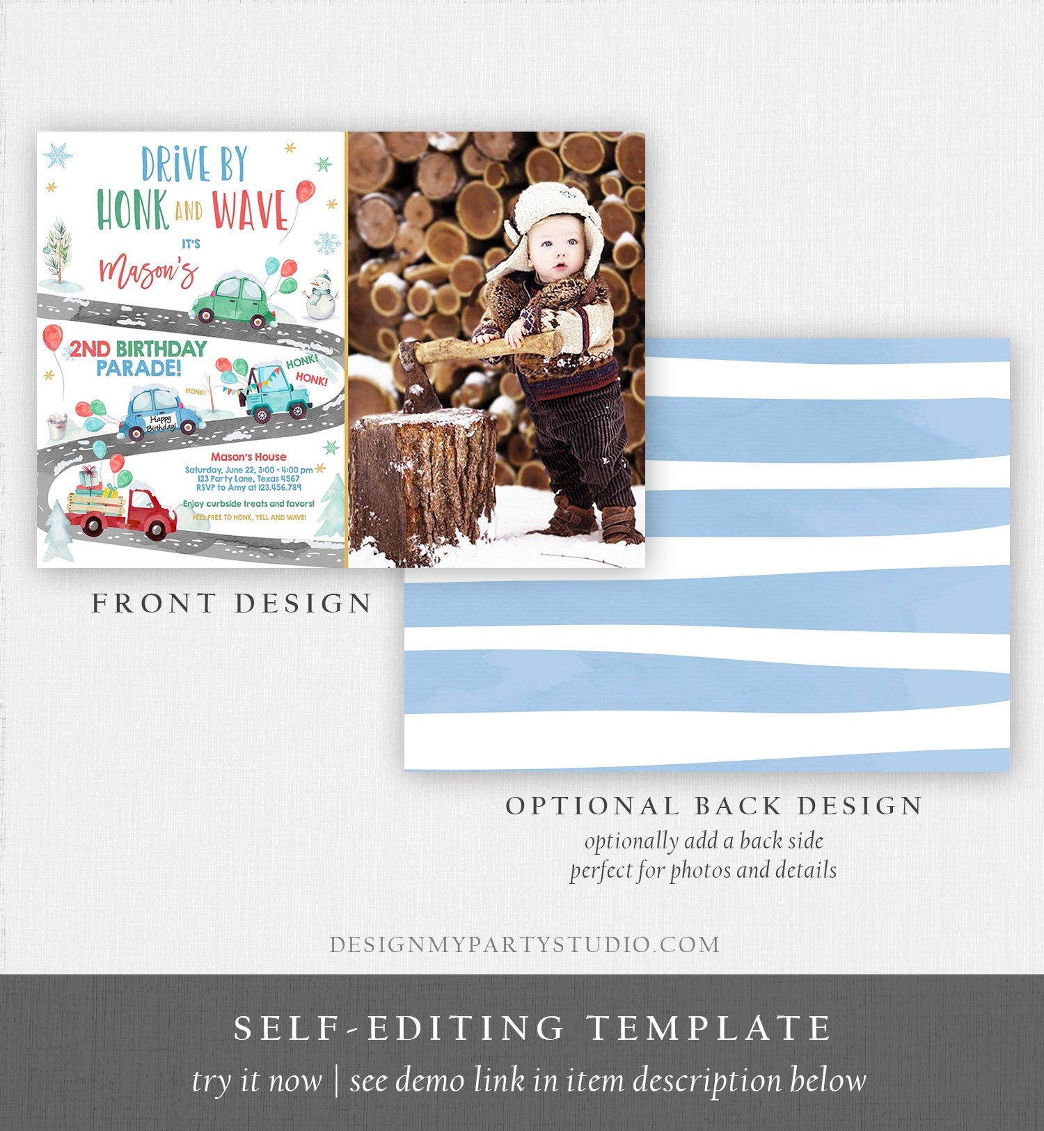 Editable Winter Drive By Birthday Invitation Parade Winter Onederland Virtual Party Invite Boy Blue Green Red Quarantine Download Corjl 0333