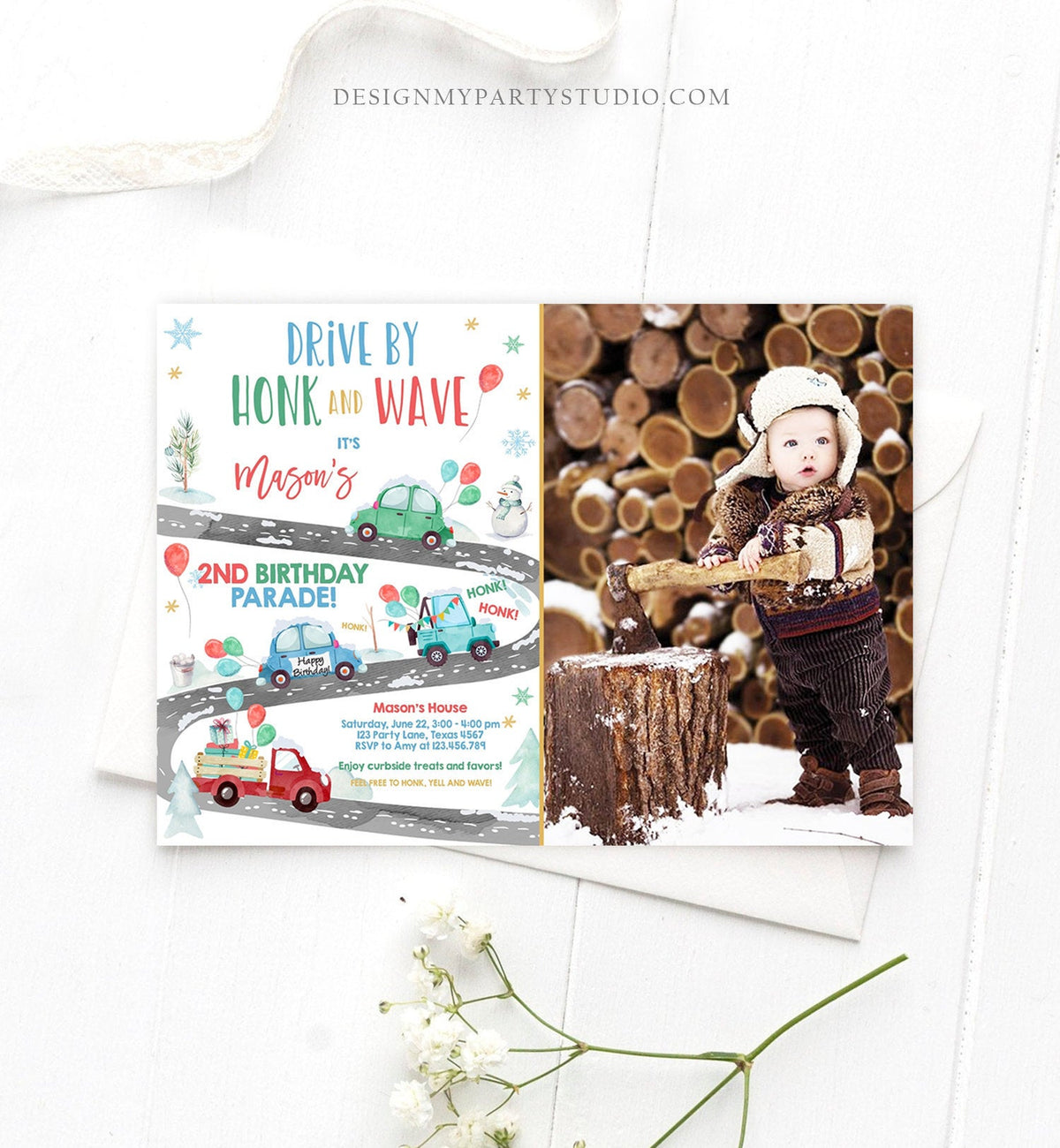 Editable Winter Drive By Birthday Invitation Parade Winter Onederland Virtual Party Invite Boy Blue Green Red Quarantine Download Corjl 0333