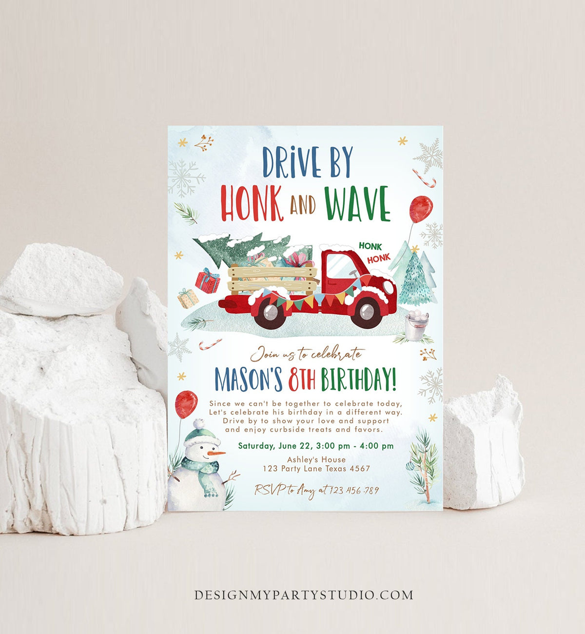 Editable Winter Drive By Birthday Invitation Parade Winter Onederland Virtual Party Invite Boy Red Truck Quarantine Download Corjl 0278
