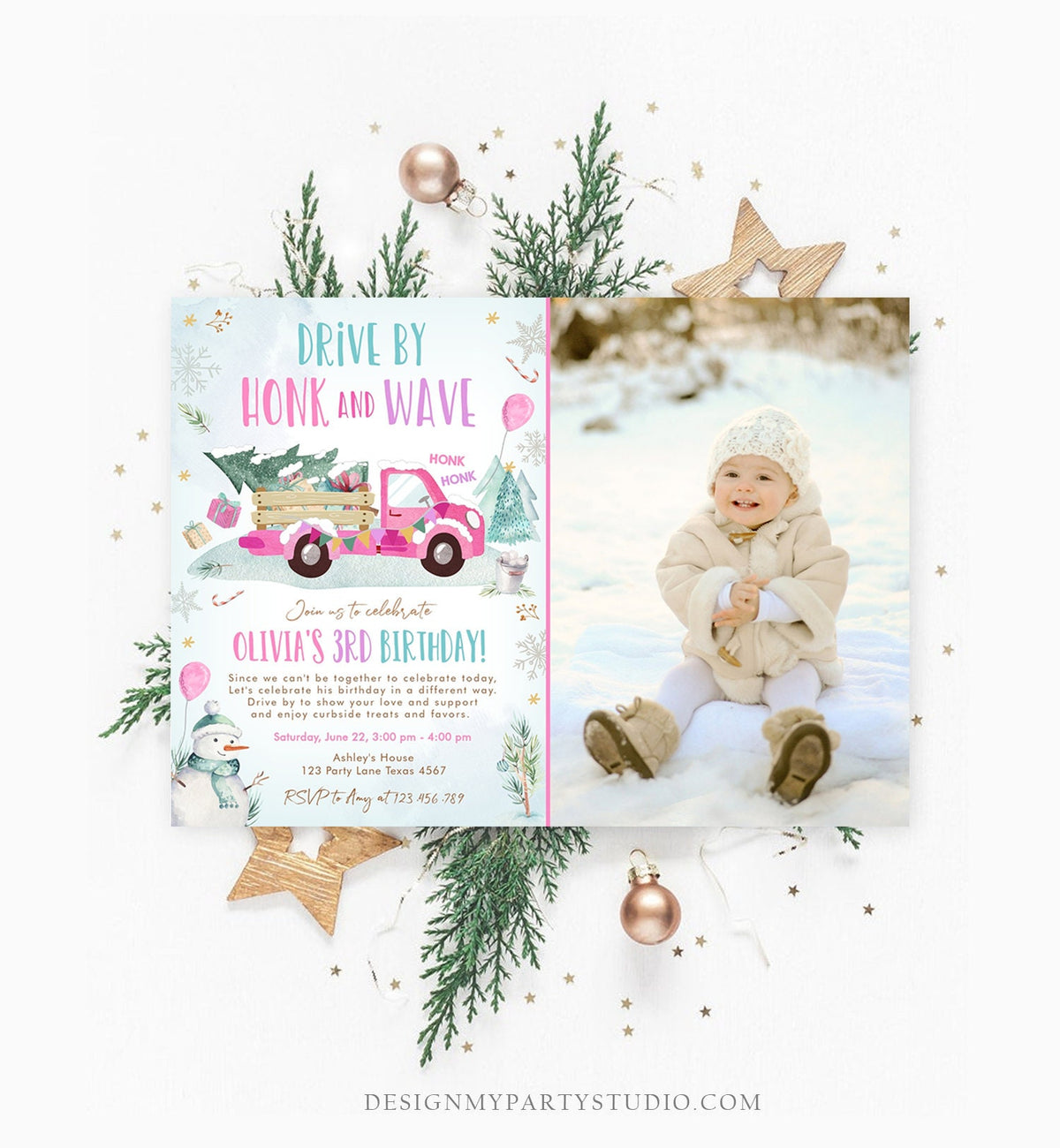 Editable Winter Drive By Birthday Invitation Parade Winter Onederland Virtual Party First 1st Girl Pink Truck Quarantine Download Corjl 0278
