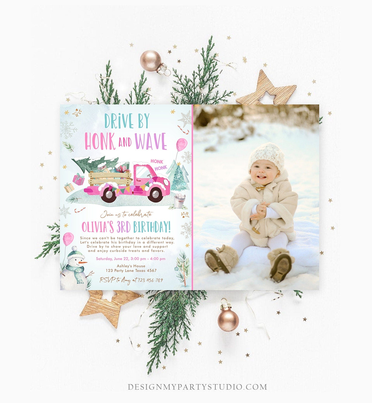 Editable Winter Drive By Birthday Invitation Parade Winter Onederland Virtual Party First 1st Girl Pink Truck Quarantine Download Corjl 0278