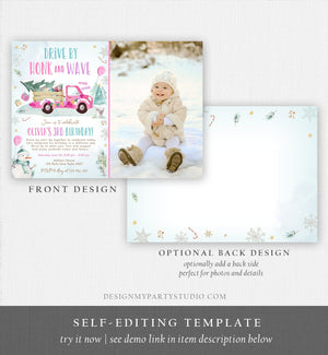 Editable Winter Drive By Birthday Invitation Parade Winter Onederland Virtual Party First 1st Girl Pink Truck Quarantine Download Corjl 0278