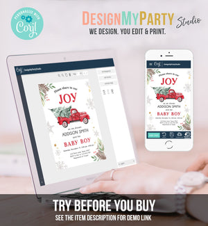 Editable Red Truck Baby Shower Invitation Winter Baby Shower Baby Boy Christmas Tree Truck Watercolor December Template Download Corjl 0356