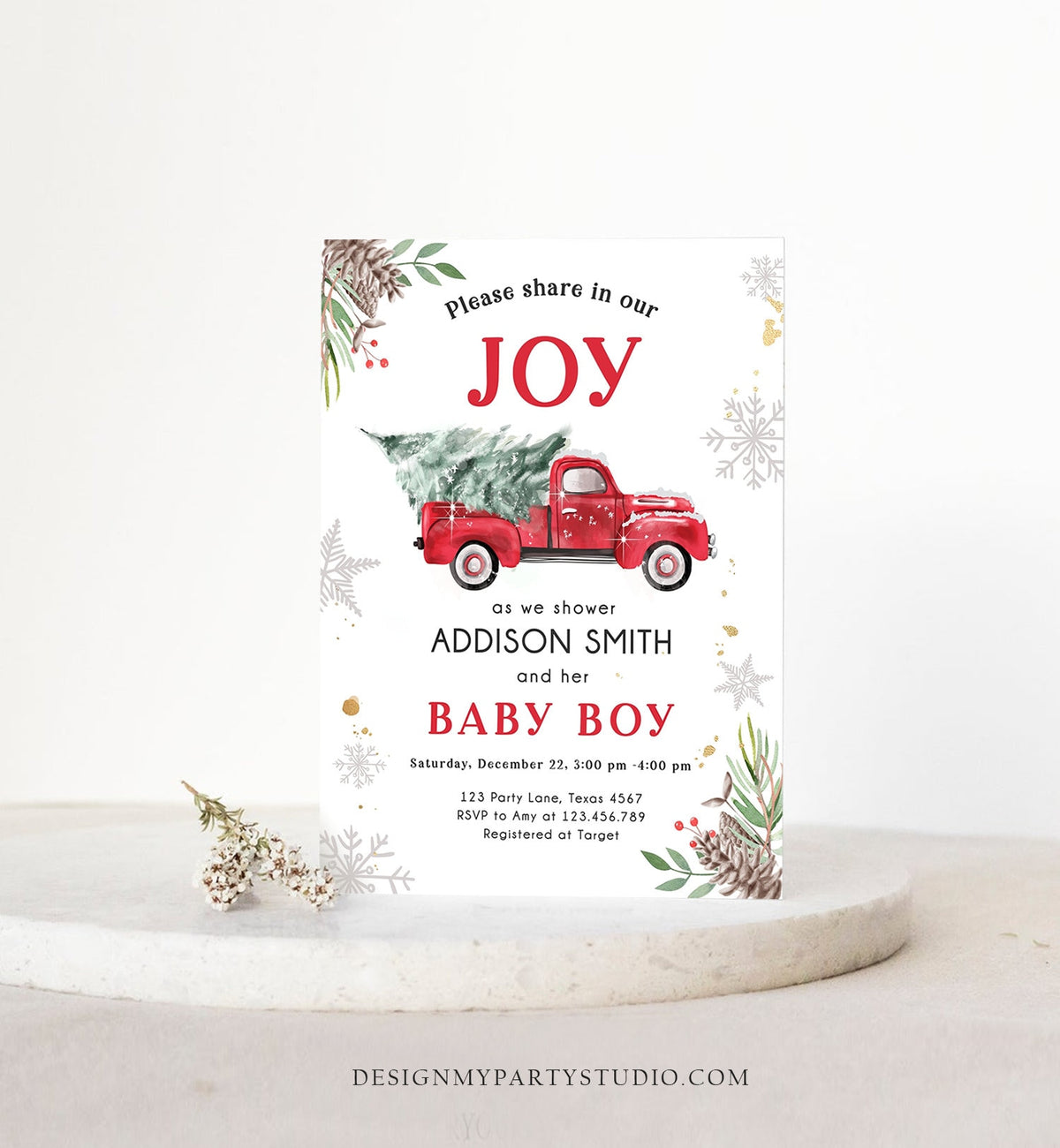 Editable Red Truck Baby Shower Invitation Winter Baby Shower Baby Boy Christmas Tree Truck Watercolor December Template Download Corjl 0356