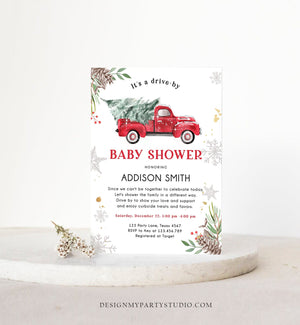 Editable Winter Drive By Baby Shower Invitation Red Truck Baby Shower Invite Gender Neutral Drive Through Tree Template Download Corjl 0356