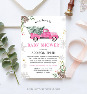 Editable Winter Drive By Baby Shower Invitation Pink Truck Girl Baby Shower Invite Drive Through Tree Printable Template Download Corjl 0356
