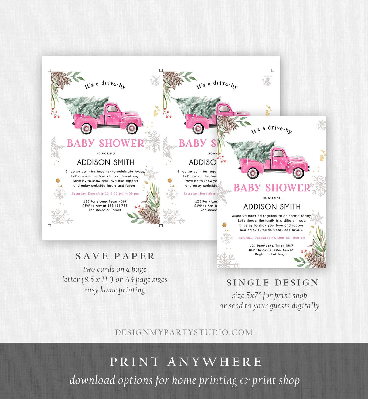 Editable Winter Drive By Baby Shower Invitation Pink Truck Girl Baby Shower Invite Drive Through Tree Printable Template Download Corjl 0356